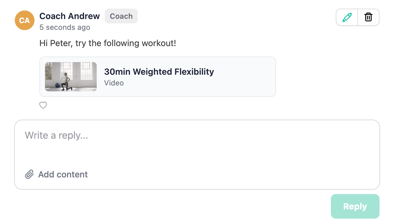 A coach reply in the dashboard with a video attached, and edit (pencil) and delete buttons in its top right corner