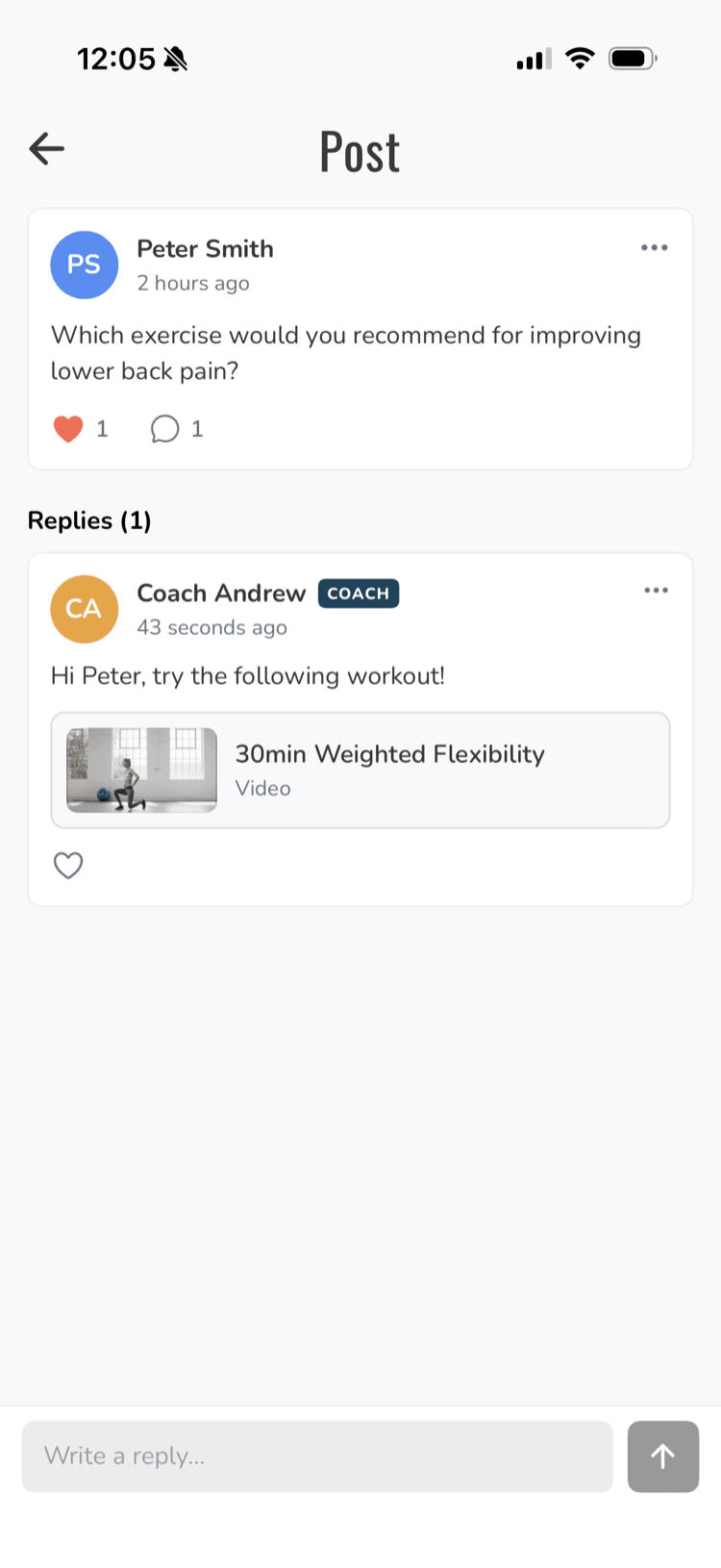 A Community post in the app asking which exercise helps with lower back pain, with a coach reply below it that has a "30min Weighted Flexibility" video card attached
