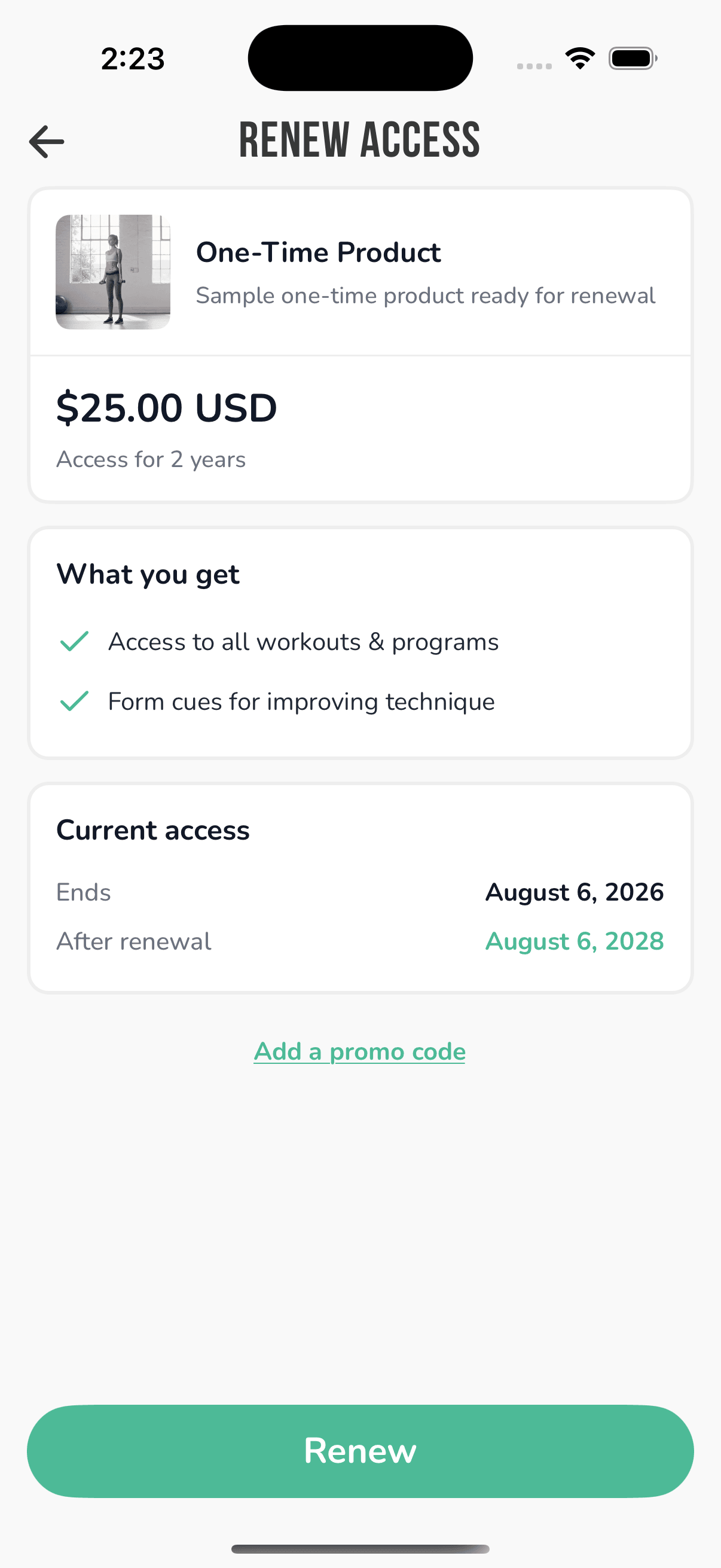 The Renew Access screen in the app, showing the product price, a "What you get" list, current access end date, the new end date after renewal, and a Renew button